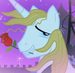 Size: 396x382 | Tagged: cropped, derpibooru import, flower, flower in mouth, male, mouth hold, prince blueblood, rose, rose in mouth, safe, screencap, season 1, solo, sparkles, the best night ever, windswept mane