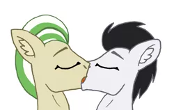 Size: 2067x1310 | Tagged: safe, artist:summerium, derpibooru import, oc, oc:arcadia, oc:enigma, unofficial characters only, ear fluff, eyes closed, gay, kissing, male, mixed media, simple background, stallion, white background
