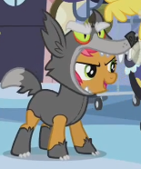 Size: 155x186 | Tagged: safe, derpibooru import, screencap, babs seed, earth pony, pony, one bad apple, season 3, animal costume, big babs wolf, clothes, costume, cropped, cute, female, filly, solo, wolf costume
