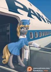 Size: 636x900 | Tagged: safe, artist:kirillk, derpibooru import, oc, oc:rafale, unofficial characters only, pony, boeing 747, clothes, female, hat, image, jpeg, jumbo jet, lidded eyes, looking at you, mare, pan am, patreon, patreon logo, plane, smiling, solo, stewardess