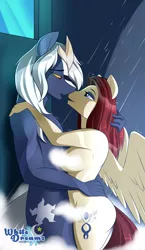 Size: 1352x2334 | Tagged: suggestive, artist:xwhitedreamsx, derpibooru import, oc, oc:blade dancer, ponified, anthro, kaiju, kaiju pony, pony, fanfic:the bridge, against wall, anthro oc, bladenilla, breasts, fanfic art, female, godzilla (series), male, nudity, oc x oc, shipping, shower, spacegodzilla, straight, strategically covered, xenilla