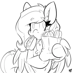 Size: 2000x2000 | Tagged: safe, artist:bbsartboutique, derpibooru import, oc, oc:sketchpon, unofficial characters only, pegasus, pony, bag, black and white, eating, food, grayscale, hot dog, meat, monochrome, sausage, simple background, solo, white background