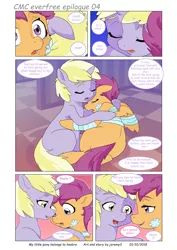 Size: 4958x7008 | Tagged: safe, artist:jeremy3, derpibooru import, dinky hooves, scootaloo, pegasus, pony, unicorn, comic:everfree, comic:everfree cmc epilogue, absurd resolution, bandage, bandaid, comforting, comic, crying, eyes closed, female, filly, hug