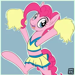 Size: 900x900 | Tagged: safe, artist:casualcolt, derpibooru import, pinkie pie, earth pony, pony, blue background, cheerleader, cheerleader outfit, clothes, female, kangaroo legs, looking at you, mare, midriff, pom pom, simple background, skirt, solo