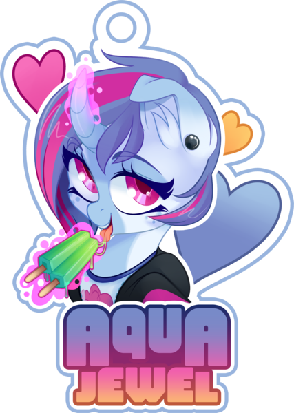 Size: 3759x5286 | Tagged: safe, artist:zombie, derpibooru import, oc, oc:aqua jewel, unofficial characters only, pony, unicorn, badge, clothes, commission, ear piercing, food, heart, ice cream, jacket, looking at you, magic, piercing, shirt, simple background, solo, tongue out, transparent background, ych result