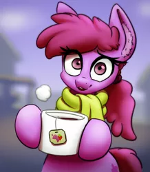 Size: 943x1082 | Tagged: safe, artist:ikarooz, derpibooru import, berry punch, berryshine, pony, clothes, cute, female, looking at you, mare, mug, scarf, teabag