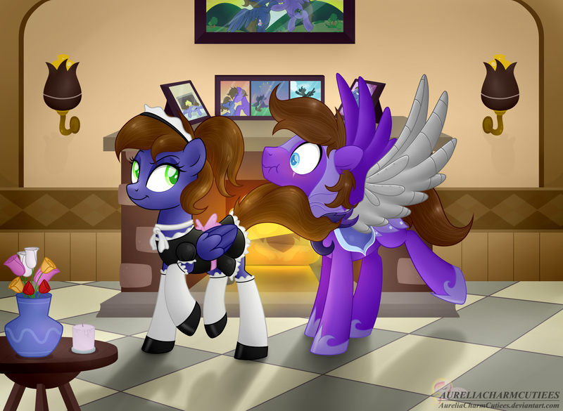 Size: 3109x2274 | Tagged: amputee, artificial wings, artist:raspberrystudios, augmented, clothes, commission, derpibooru import, female, fire, fireplace, flower, maid, male, oc, oc:nightwind, oc:pikamay, picture frame, prosthetic limb, prosthetics, prosthetic wing, safe, seduction, straight, tail seduce, unofficial characters only, vase, wings