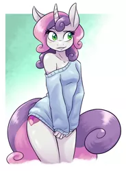 Size: 1050x1425 | Tagged: suggestive, artist:ambris, derpibooru import, sweetie belle, anthro, unicorn, adorasexy, bare shoulders, beautiful, beautisexy, blushing, bottomless, breasts, clothes, covering, curved horn, cute, diasweetes, female, horn, mare, morning ponies, off shoulder, off shoulder sweater, older, older sweetie belle, partial nudity, raised eyebrow, sexy, shirt, shirt pull, small breasts, smiling, solo, solo female, sweater, sweater belle, thighs