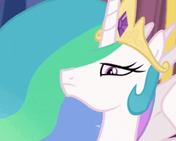 Size: 575x459 | Tagged: safe, derpibooru import, screencap, princess celestia, alicorn, pony, equestria girls, equestria girls series, forgotten friendship, animated, celestia is not amused, cropped, female, gif, looking down, mare, reaction image, serious, serious face, solo, stern, unamused