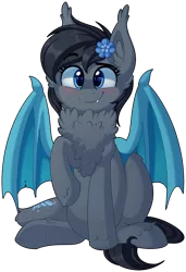 Size: 1820x2656 | Tagged: safe, artist:thegamblehorse, deleted from derpibooru, derpibooru import, oc, oc:seachell, bat pony, bat pony oc, bat wings, blushing, chest fluff, cute, ear fluff, fangs, female, flower, flower in hair, fluffy, ocbetes, one hoof raised, simple background, smiling, solo, transparent background, wings