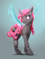 Size: 1020x1320 | Tagged: artist:silfoe, changeling, changeling oc, coy, derpibooru import, female, gradient background, oc, oc:esalen, pink changeling, safe, solo, unofficial characters only