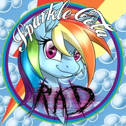 Size: 900x900 | Tagged: safe, artist:ravvij, derpibooru import, rainbow dash, pegasus, pony, fallout equestria, fanfic, bottlecap, bust, cap, cloud, cute, ear fluff, fallout, fanfic art, female, hat, mare, ministry mares, ministry of awesome, muzzle fluff, portrait, rad, rainbow, solo, sparkle cola, sparkle cola rad, text, wings