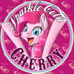 Size: 899x899 | Tagged: safe, artist:ravvij, derpibooru import, pinkie pie, earth pony, pony, fallout equestria, fanfic, bottle, bottlecap, cap, cheer, cherry, cute, ear fluff, fallout, fanfic art, female, food, grin, happy, hat, hooves, mare, ministry mares, ministry of morale, open mouth, pie, pink, sakura pie, smiling, soda, solo, sparkle, sparkle cola, text, top