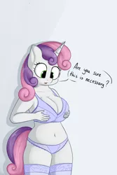 Size: 1280x1920 | Tagged: suggestive, artist:andelai, derpibooru import, sweetie belle, anthro, unicorn, belly button, big breasts, bra, breasts, busty sweetie belle, cleavage, clothes, crop top bra, female, frilly underwear, grope, lingerie, looking down, mare, older, older sweetie belle, open mouth, panties, purple underwear, question, socks, solo, solo female, speech bubble, stockings, text, thigh highs, underwear