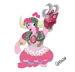 Size: 2700x2600 | Tagged: artist:ghouleh, buff, canon, clothes, crossover, derpibooru import, dress, element of laughter, female, helmet, honorary yak horns, horned helmet, inktober, muscles, ork, pinkie pie, power klaw, safe, shoulder pads, simple background, smiling, solo, topknot, transparent background, viking helmet, warboss, warhammer 40k, warhammer (game)