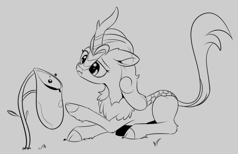 Size: 1284x834 | Tagged: artist:dusthiel, autumn blaze, carnivorous plant, cloven hooves, derpibooru import, female, gray background, grayscale, ink drawing, inktober, kirin, monochrome, pitcher plant, raised hoof, safe, simple background, sketch, solo, sounds of silence, traditional art