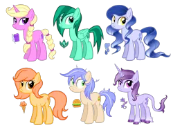 Size: 3168x2376 | Tagged: safe, artist:thecheeseburger, derpibooru import, oc, earth pony, pegasus, pony, unicorn, blue hair, burger, cheeseburger, cute, cutie mark, female, food, green hair, group, hamburger, ice cream, male, mare, simple background, smiling, stallion, transparent background