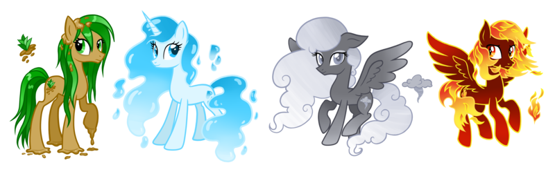 Size: 4392x1368 | Tagged: safe, artist:thecheeseburger, derpibooru import, oc, oc:aqua, oc:terra, earth pony, elemental pony, pegasus, pony, unicorn, air, cute, earth, elements, female, fire, flying, group, male, mare, mud, simple background, smiling, stallion, transparent background, water, wind