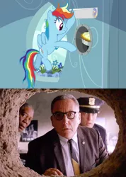 Size: 968x1362 | Tagged: bed mane, byron hadley, comic, derpibooru import, edit, edited screencap, ellis boyd redding, food, hole in the wall, messy mane, pie, poster, rainbow dash, safe, samuel norton, screencap, screencap comic, secrets and pies, the shawshank redemption