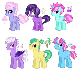 Size: 3528x3240 | Tagged: safe, artist:thecheeseburger, derpibooru import, oc, bat pony, earth pony, pegasus, pony, unicorn, bat pony oc, bat wings, cotton candy, cutie mark, female, group, male, mare, moon, palm tree, pink hair, potions, simple background, stallion, stars, transparent background, tree, wings