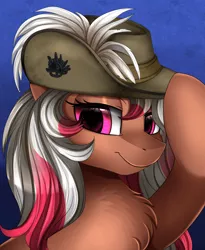 Size: 1446x1764 | Tagged: safe, artist:pridark, derpibooru import, oc, oc:lamington, earth pony, pony, australian, bust, chest fluff, commission, female, hat, mare, military uniform, portrait, slouch hat, solo