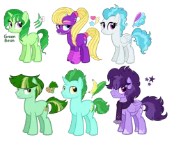 Size: 3456x2880 | Tagged: safe, artist:thecheeseburger, derpibooru import, oc, oc:green bean, earth pony, pegasus, pony, unicorn, banana, braces, clothes, cloud, cloudy, cute, cutie mark, female, food, green hair, group, male, mare, scarf, simple background, smiling, stallion, stars, transparent background