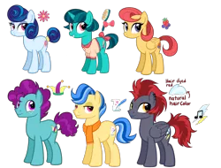 Size: 3600x2736 | Tagged: safe, artist:thecheeseburger, derpibooru import, oc, earth pony, pegasus, pony, unicorn, berries, blue hair, bow, brush, cute, cutie mark, female, flower, group, hat, jester, jester hat, male, mare, piercing, red hair, simple background, smiling, stallion, transparent background