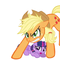 Size: 1024x1024 | Tagged: safe, artist:akira himekawa, artist:turnaboutart, derpibooru import, edit, applejack, twilight sparkle, twilight sparkle (alicorn), alicorn, earth pony, pony, fanfic:mama applejack, age regression, alternate universe, angry, applejack's hat, base used, cowboy hat, female, filly, freckles, hairband, hat, mama applejack, mama bear, mommajack, mother and child, mother and daughter, protecting, scared, simple background, transparent background, younger
