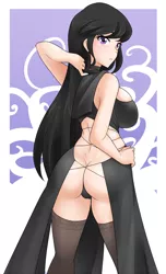 Size: 1168x1920 | Tagged: artist:jonfawkes, ass, big breasts, black hair, black panties, black underwear, breasts, busty octavia, butt, clothes, derpibooru import, eyebrows, eyelashes, female, hair, huge breasts, human, humanized, looking back, octavia melody, open-back dress, panties, purple eyes, rear view, solo, solo female, stupid sexy octavia, suggestive, thong, treblebutt, underwear