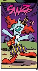 Size: 740x1360 | Tagged: artist:andypriceart, changedling, changeling, clothes, clown, clown nose, clown ocellus, clown shoes, costume, cropped, derpibooru import, edit, female, happy, hat, idw, necktie, nightmare fuel, nightmare night, nightmare night costume, ocellus, official comic, pants, safe, smiling, spoiler:comic, spoiler:comic71, suspenders, top hat, transformation, upscaled, waifu2x
