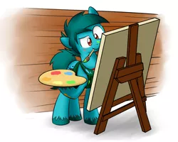 Size: 1280x1024 | Tagged: safe, artist:sugar morning, derpibooru import, oc, oc:doodle mark, unofficial characters only, earth pony, pony, apron, brush, canvas, clothes, commission, easel, female, mare, mouth hold, paint, painting, palette, simple background, solo, tomboy, unshorn fetlocks, wall