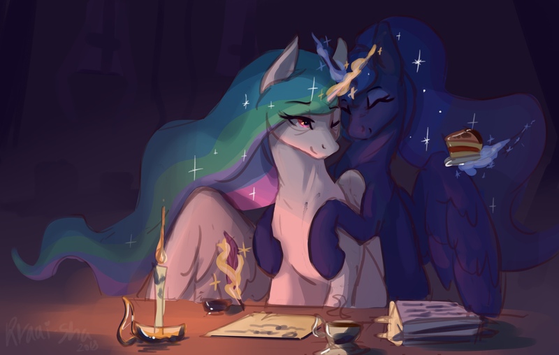 Size: 2560x1626 | Tagged: safe, artist:kraaisha, derpibooru import, princess celestia, princess luna, alicorn, pony, best sisters, book, cake, cakelestia, candle, cute, cutelestia, daaaaaaaaaaaw, duo, eyes closed, female, food, glowing horn, horn, hug, hug from behind, inkwell, lunabetes, magic, mare, one eye closed, paper, quill, royal sisters, siblings, sisters, smiling, tea, telekinesis, wings