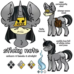 Size: 3000x3000 | Tagged: safe, artist:spoopygander, derpibooru import, oc, oc:sticky note, unofficial characters only, pony, unicorn, chest fluff, ear fluff, female, mare, mask, reference sheet, simple background, solo, transparent background, unshorn fetlocks