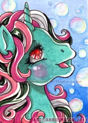 Size: 370x517 | Tagged: safe, artist:anniemsson, derpibooru import, fizzy, pony, twinkle eyed pony, unicorn, cute, fizzybetes, g1, solo, traditional art