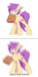 Size: 1500x3000 | Tagged: safe, artist:heddopen, derpibooru import, oc, oc:paper bag, unofficial characters only, earth pony, pony, caught, comic, cute, cutie mark, descriptive noise, ear fluff, female, horse noises, motion blur, panic, paper bag, simple background, solo, surprised, white background