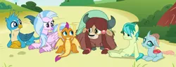 Size: 350x135 | Tagged: safe, derpibooru import, screencap, gallus, ocellus, sandbar, silverstream, smolder, yona, changedling, changeling, classical hippogriff, dragon, earth pony, gryphon, hippogriff, pony, yak, school daze, bonding, bow, cloven hooves, colored hooves, confused, cropped, dragoness, female, hair bow, happy, jewelry, looking at each other, lounging, lying down, male, monkey swings, necklace, raised eyebrow, sitting, student six, teenager