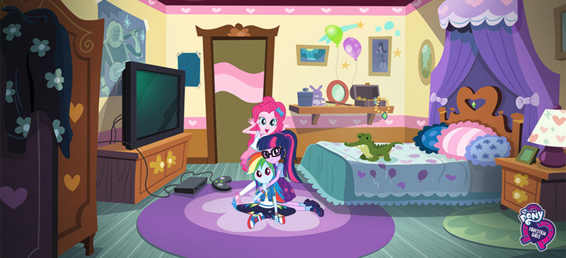 Size: 3840x1756 | Tagged: safe, artist:spike fancy, derpibooru import, gummy, pinkie pie, rainbow dash, sci-twi, twilight sparkle, equestria girls, equestria girls series, clothes, converse, equestria girls logo, fashion photo booth, female, geode of sugar bombs, geode of super speed, geode of telekinesis, glasses, magical geodes, pinkie's room, ponytail, shoes, smiling