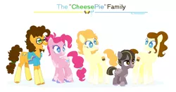 Size: 1350x710 | Tagged: safe, artist:onedayhm, derpibooru import, cheese sandwich, pinkie pie, oc, oc:chocottone chocchips, oc:panettone driedfruit, oc:strawberry shortcake, earth pony, pony, alternate design, alternate hairstyle, base used, cheesepie, clothes, coat markings, colored hooves, colt, family, female, glasses, male, mare, offspring, parent:cheese sandwich, parent:pinkie pie, parents:cheesepie, ponytail, shipping, shirt, simple background, socks (coat marking), stallion, straight, unshorn fetlocks, white background