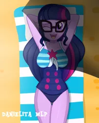 Size: 1024x1265 | Tagged: safe, artist:danielitamlp, derpibooru import, sci-twi, twilight sparkle, equestria girls, equestria girls series, arm behind head, armpits, breasts, busty sci-twi, busty twilight sparkle, clothes, female, glasses, looking at you, one eye closed, one-piece swimsuit, signature, smiling, solo, swimsuit, wink