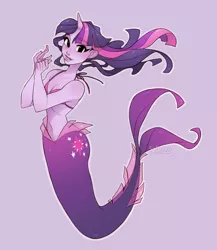 Size: 1280x1476 | Tagged: artist:skirtzzz, belly button, bikini, bikini top, breasts, cleavage, clothes, derpibooru import, halterneck, mermaid, mermaidized, midriff, safe, simple background, smiling, solo, species swap, swimsuit, twilight sparkle