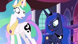 Size: 1280x720 | Tagged: a royal problem, bags under eyes, canterlot castle, cutie mark swap, derpibooru import, jewelry, princess celestia, princess luna, regalia, safe, screencap