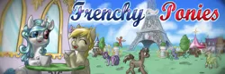 Size: 1500x500 | Tagged: safe, artist:metyknight, derpibooru import, oc, oc:flora prima, unofficial characters only, earth pony, pegasus, pony, unicorn, banner, drink, drinking, eiffel tower, flying, france, french, frenchy-ponies, house, sitting, smiling, talking, walking