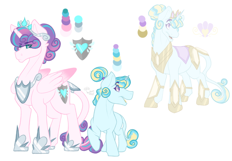 Size: 3600x2507 | Tagged: safe, artist:atlasnavigato, derpibooru import, princess flurry heart, oc, oc:triton de oceano, alicorn, pony, armor, broken horn, colt, cutie mark, duo, female, horn, jewelry, leonine tail, male, mare, next generation, offspring, older, open mouth, parent:princess cadance, parent:shining armor, parents:shiningcadance, reference sheet, regalia, simple background, stallion, transparent background