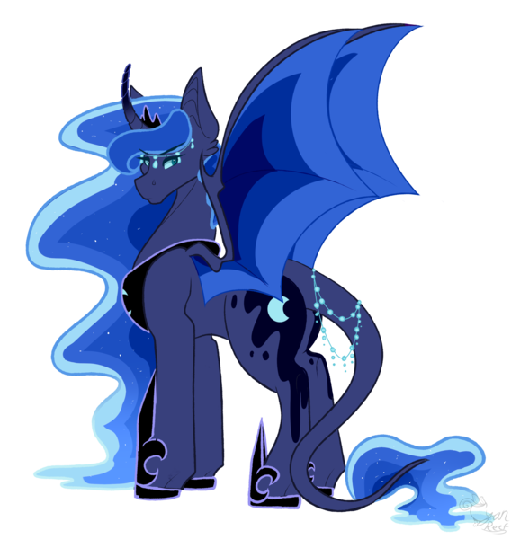 Size: 2605x2706 | Tagged: safe, artist:atlasnavigato, derpibooru import, princess luna, alicorn, pony, bat wings, curved horn, cutie mark, ethereal mane, female, horn, jewelry, leonine tail, looking at you, looking back, mare, redesign, regalia, simple background, solo, spread wings, starry mane, transparent background, wings