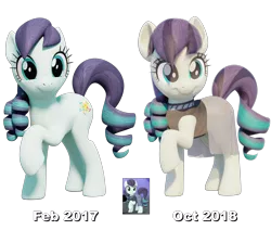 Size: 2650x2248 | Tagged: safe, artist:therealdjthed, derpibooru import, coloratura, earth pony, pony, 3d, 3d model, before and after, blender, clothes, comparison, cute, female, looking at you, mare, model:djthed, raised hoof, rara, rarabetes, simple background, smiling, solo, text, transparent background