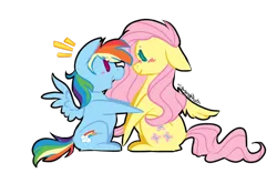 Size: 1024x640 | Tagged: safe, artist:vovanpetuh, derpibooru import, fluttershy, rainbow dash, pegasus, pony, blushing, chibi, cutie mark, female, flutterdash, lesbian, looking at each other, mare, shipping, simple background, sitting, size difference, smoldash, spread wings, transparent background, wings