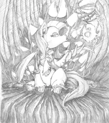 Size: 1190x1341 | Tagged: semi-grimdark, artist:al-kpon, derpibooru import, fluttershy, oc, pegasus, pony, black and white, breath, clothes, duo, female, flower, grayscale, male, monochrome, pencil drawing, plant, poison, tied up, traditional art