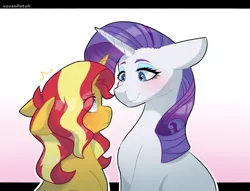 Size: 1047x800 | Tagged: safe, artist:vovanpetuh, derpibooru import, rarity, sunset shimmer, pony, unicorn, blushing, eye clipping through hair, female, floppy ears, gradient background, height difference, lesbian, letterboxing, lidded eyes, looking at each other, mare, shipping, smiling, sunsarity, sweat, sweatdrop