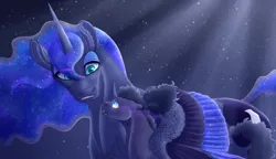 Size: 1400x809 | Tagged: safe, artist:bijutsuyoukai, derpibooru import, princess luna, oc, oc:black lotus, pony, female, filly, mother and child, mother and daughter, night, offspring, parent:king sombra, parent:princess luna, parents:lumbra