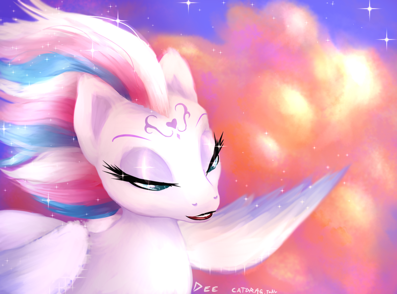 Size: 1280x949 | Tagged: safe, artist:catdrag, derpibooru import, star catcher, pegasus, pony, dancing in the clouds, eyeshadow, female, flying, g3, g3 to g4, generation leap, lidded eyes, lipstick, makeup, mare, scene interpretation, solo, stars, windswept mane